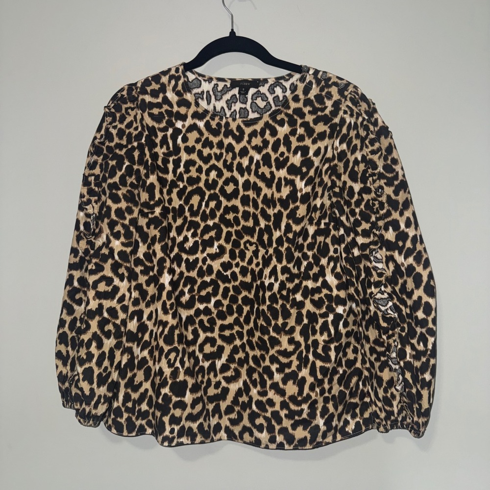 J.Crew Womens‎ Leopard Print Ruffle Sleeve Shoulder Button Blouse Brown Small